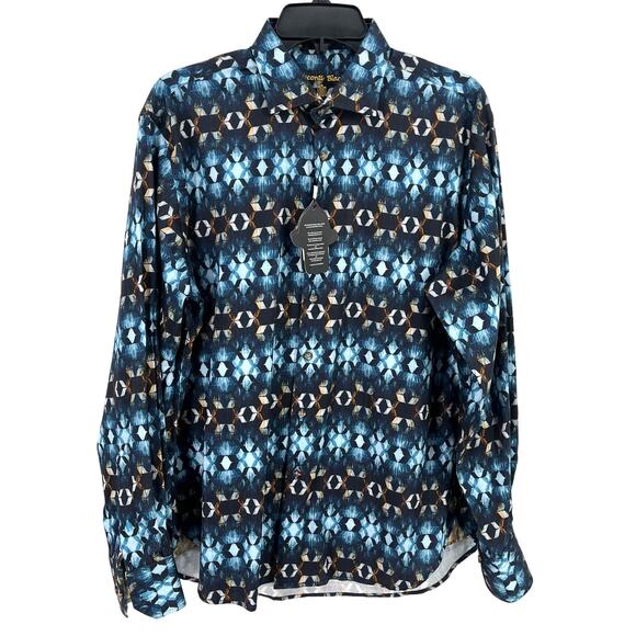 Luchiano Visconti Black Geometric Button Front Dress Shirt Sz Medium Black Blue - Picture 1 of 7